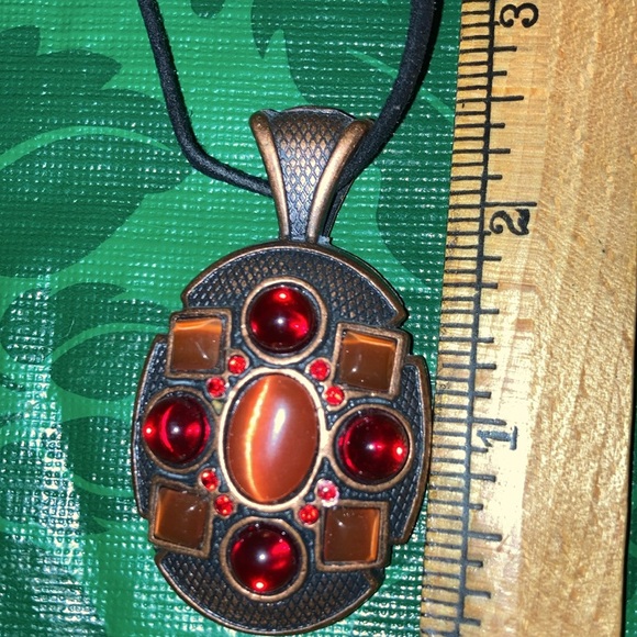 Necklace, copper base with 4 red glass stones, and 5 orange cat eyes $29 - Picture 8 of 13